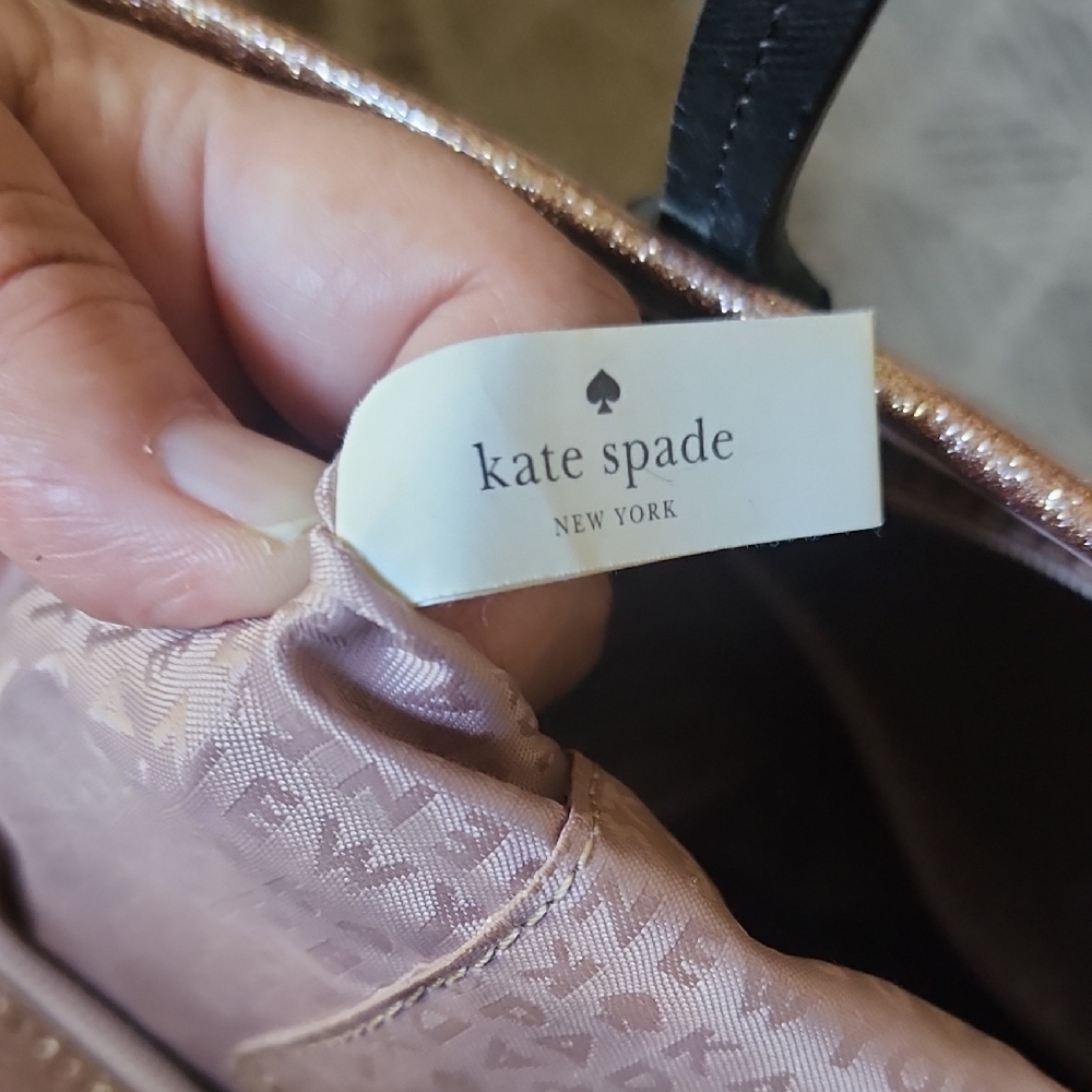 Kate Spade Rose Gold Glitter Tote Bow Black Handles Sparkly Shopper Bag - Picture 14 of 16